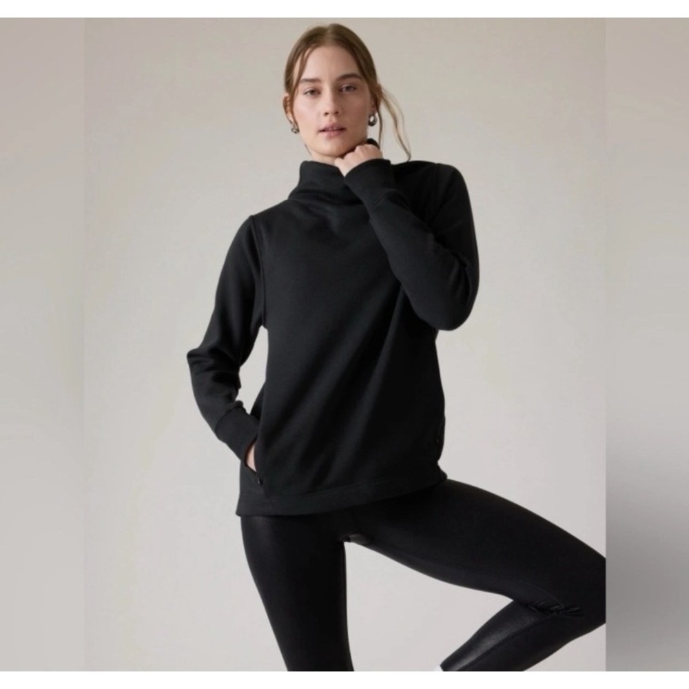 Athleta Cozy‎ Karma Twist Neck Sweatshirt Fleece Pullover Pocket Black Medium